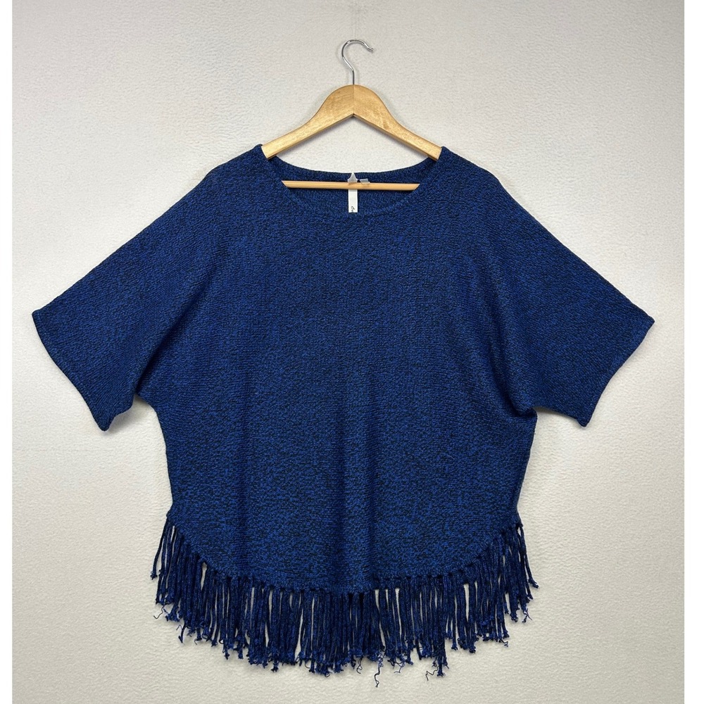 Boho Western NY Collection Womens Large Blue Marled Fringe Poncho Sweater